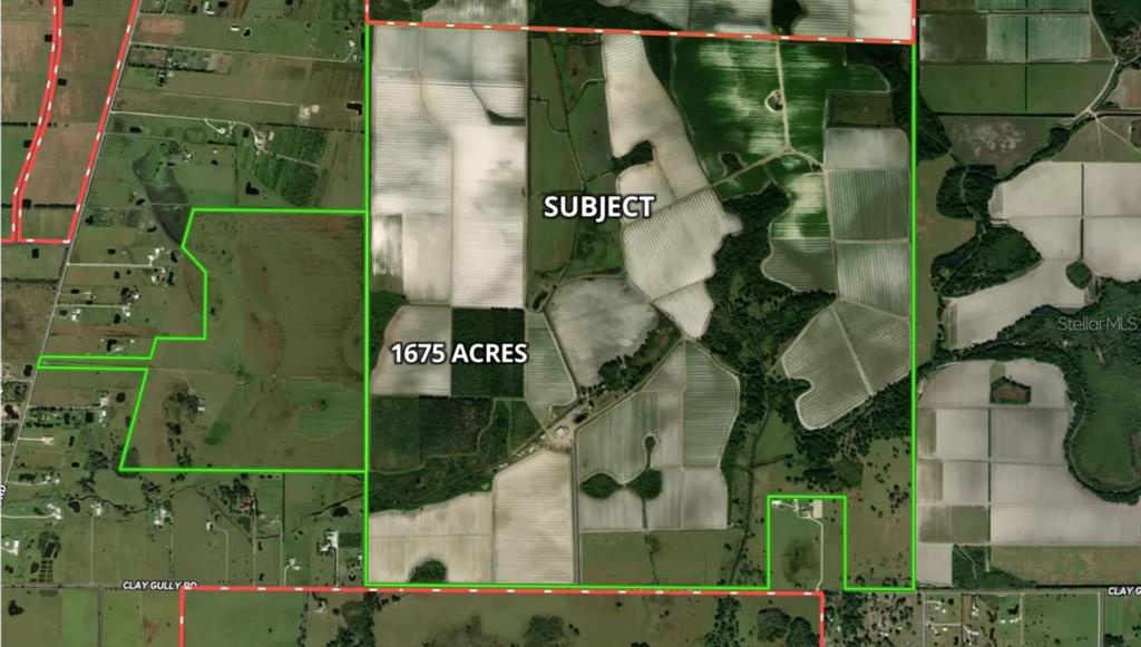An aerial map shows a large, rectangular 1675-acre plot of land outlined in green — CLAY GULLY ROAD, MYAKKA CITY, FL