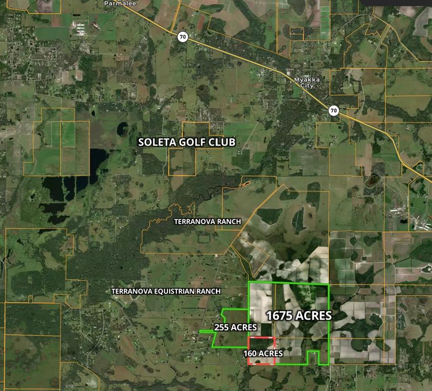 An aerial map shows land parcels labeled with acreage near Soleta Golf Club and Myakka City — CLAY GULLY ROAD, MYAKKA CITY, FL