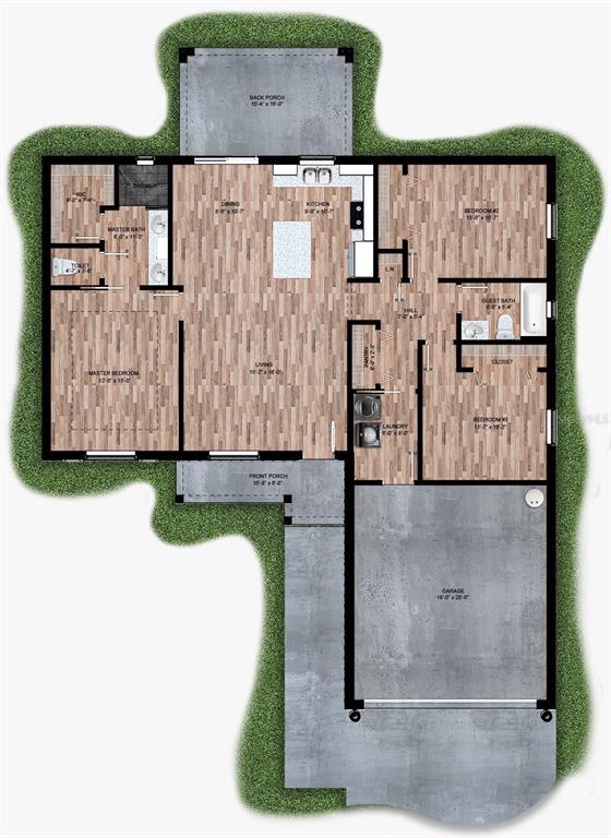 This floor plan shows a three-bedroom house with a garage, back porch, and open living area — 1000 MCDONALD ROAD, WAUCHULA, FL