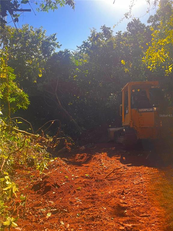 A yellow Caterpillar bulldozer sits on a cleared dirt path in a wooded area — Solar 27 BARRIO CORDILLERA, CIALES, PR