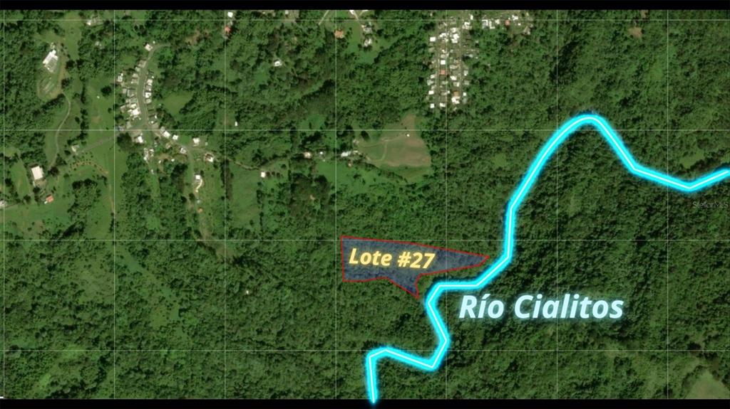 An aerial map shows a highlighted plot of land labeled Lote #27 near a river — Solar 27 BARRIO CORDILLERA, CIALES, PR