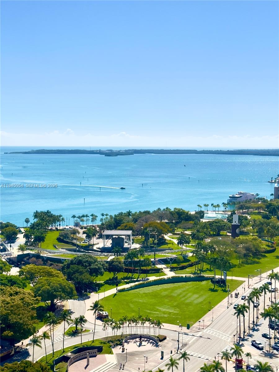 An elevated view shows a park with palm trees, a pavilion, and a coastal bay — 398 NE 5th St # 2114, Miami FL 33132, MIAMI, FL