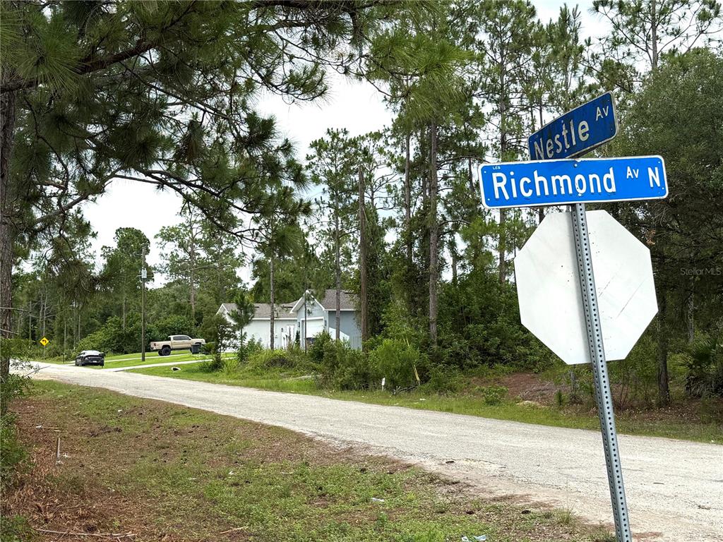 A street sign for Nestle Avenue and Richmond Avenue stands near a rural road — 368 NESTLE AVENUE, LEHIGH ACRES, FL
