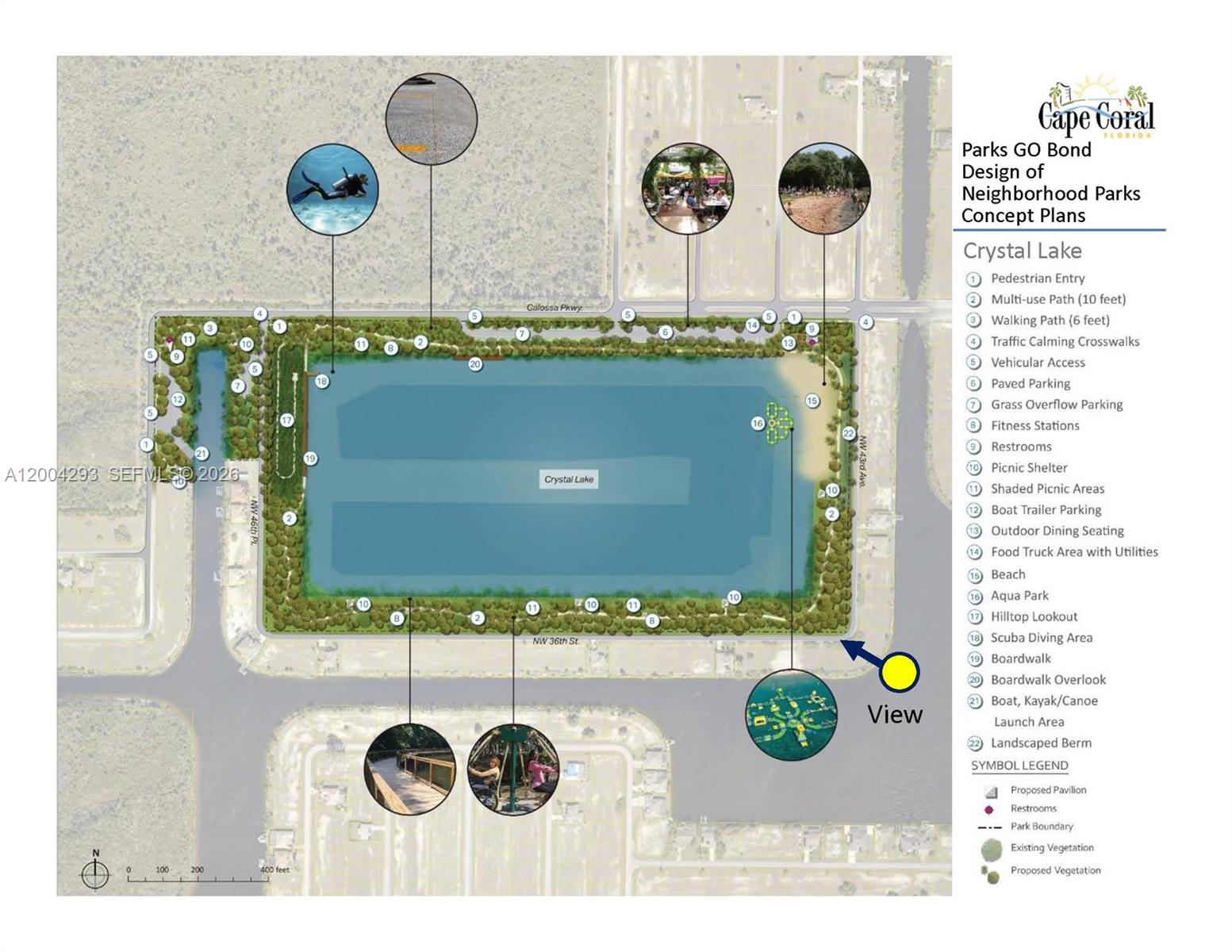 This is a concept plan rendering for the proposed Crystal Lake neighborhood park in Florida — 3812 NW 43rd PL, Cape Coral FL 33993, CAPE CORAL, FL
