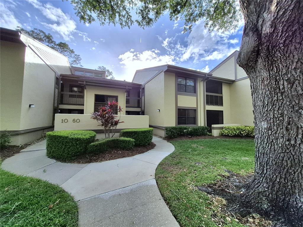 A two-story apartment building exterior with a concrete walkway and landscaped bushes — 50 WOODLAKE PLACE, OLDSMAR, FL