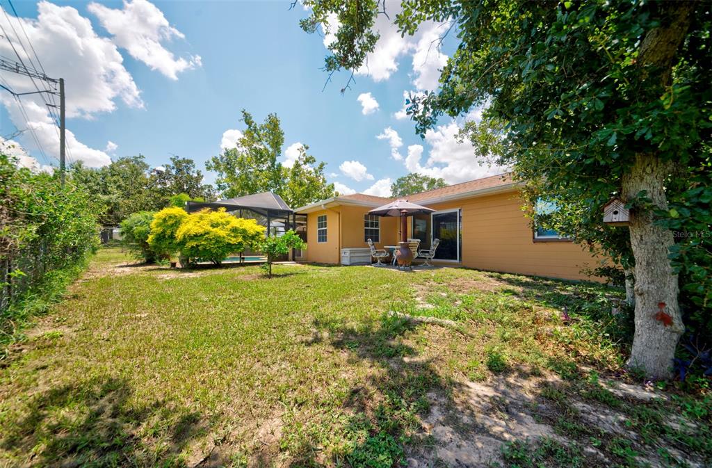 A backyard view of a yellow house with a patio, pool enclosure, and large tree — 4441 CHAMBER COURT, SPRING HILL, FL