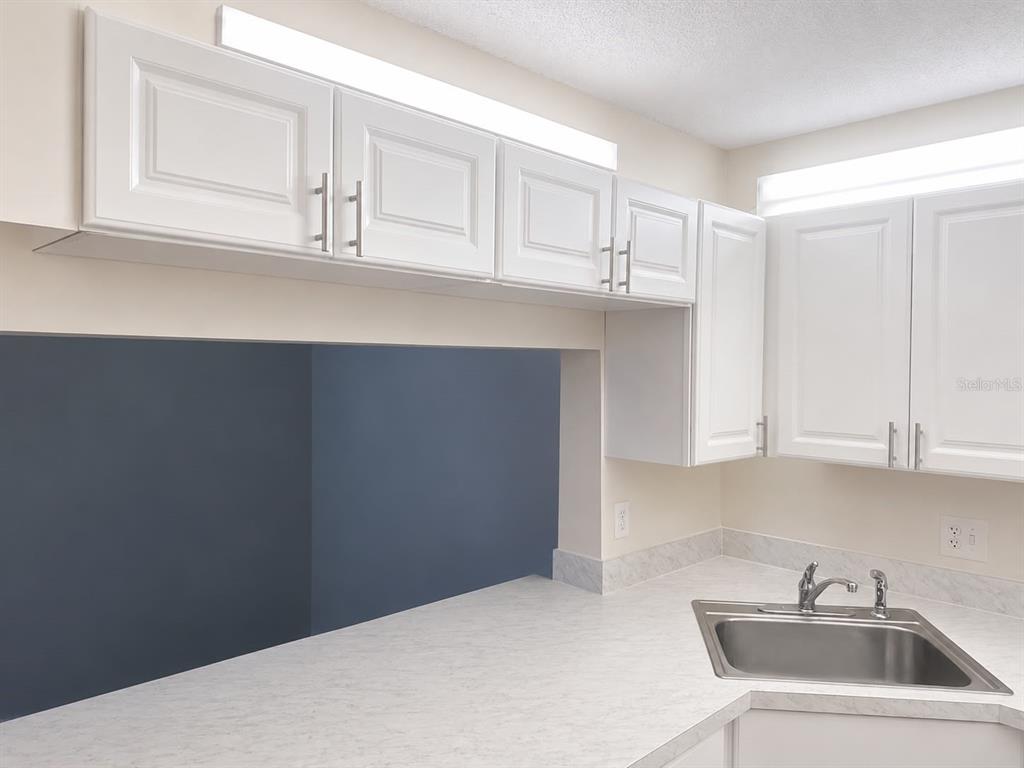 A kitchen features white cabinets, a stainless steel sink, and a dark blue accent wall — 1612 S PINE RIDGE CIRCLE UNIT 1612, SANFORD, FL