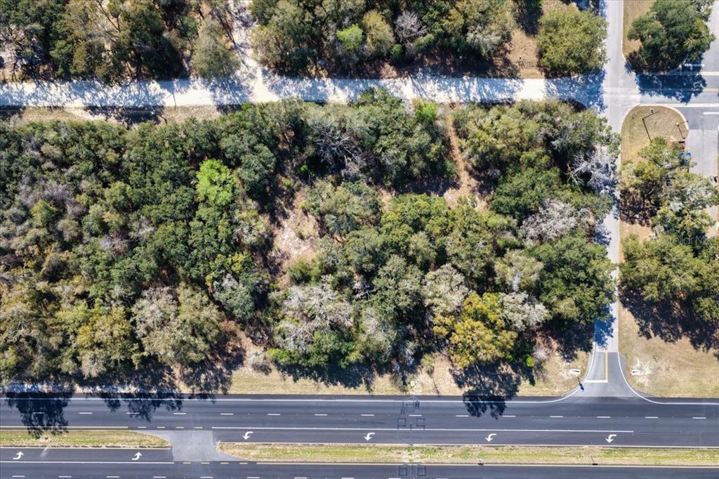 An aerial view shows a wooded, undeveloped rectangular lot adjacent to a paved road — TBD 000 NW US HWY 19 N, CHIEFLAND, FL