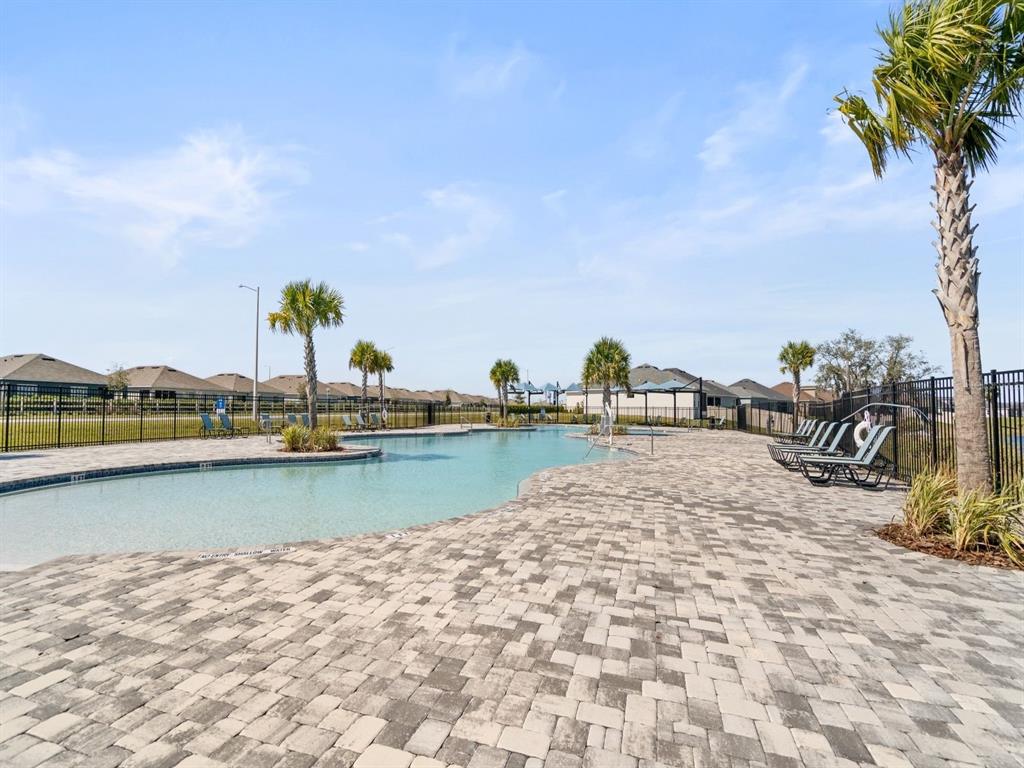 A swimming pool with a paver deck and palm trees is enclosed by a black fence — 3968 GIORGIO DRIVE, WINTER HAVEN, FL