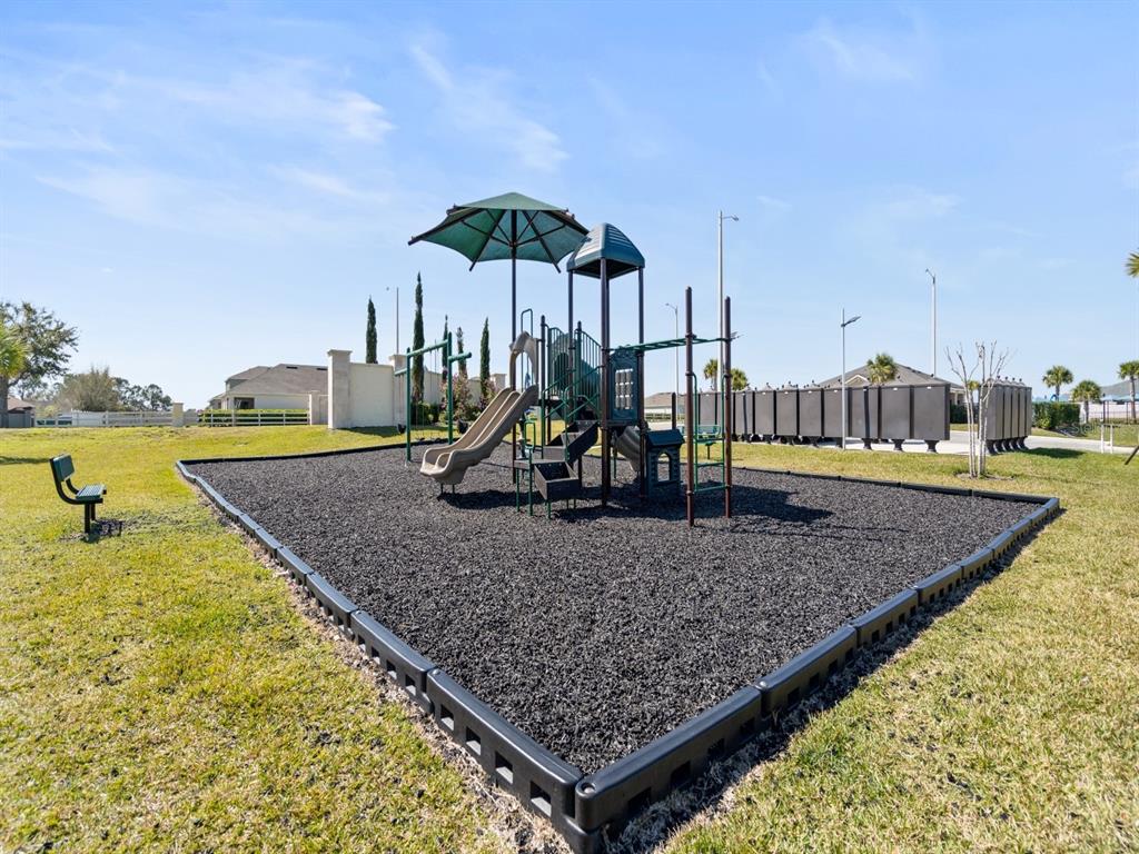 A playground with a slide and climbing structure sits on a bed of black mulch — 3968 GIORGIO DRIVE, WINTER HAVEN, FL