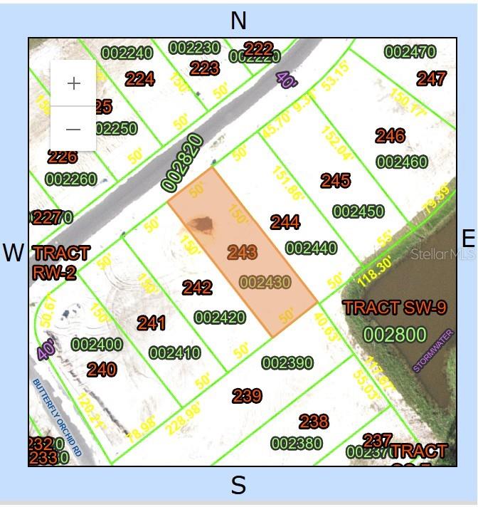 This is a property map showing parcel 243 highlighted in orange among surrounding land lots — 1287 BUTTERFLY ORCHID ROAD, DAVENPORT, FL