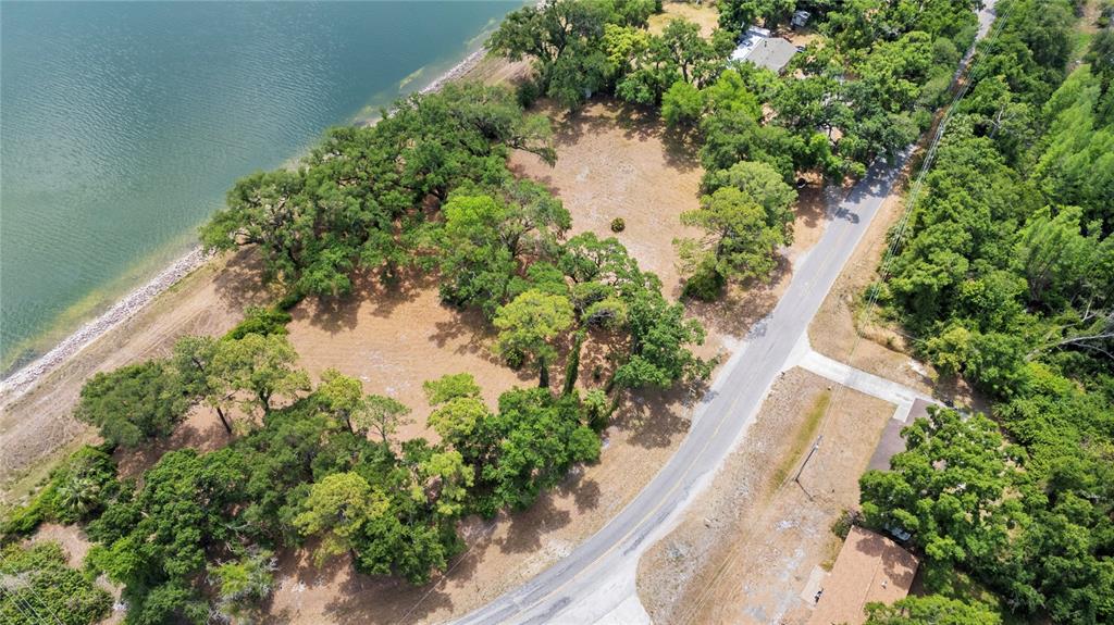 An aerial view shows a wooded waterfront lot next to a paved road — 5013 GARDEN LANE, TAMPA, FL