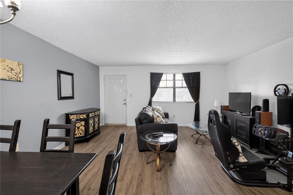A living room features wood-look flooring, a gray accent wall, and a gaming setup — 12405 OAK CEDAR PLACE UNIT 202, TAMPA, FL