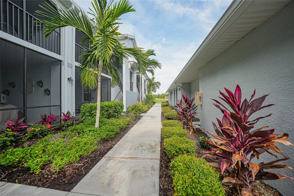 A concrete walkway leads between two residential buildings lined with palm trees and tropical landscaping — 14040 HERITAGE LANDING BOULEVARD UNIT 125, PUNTA GORDA, FL