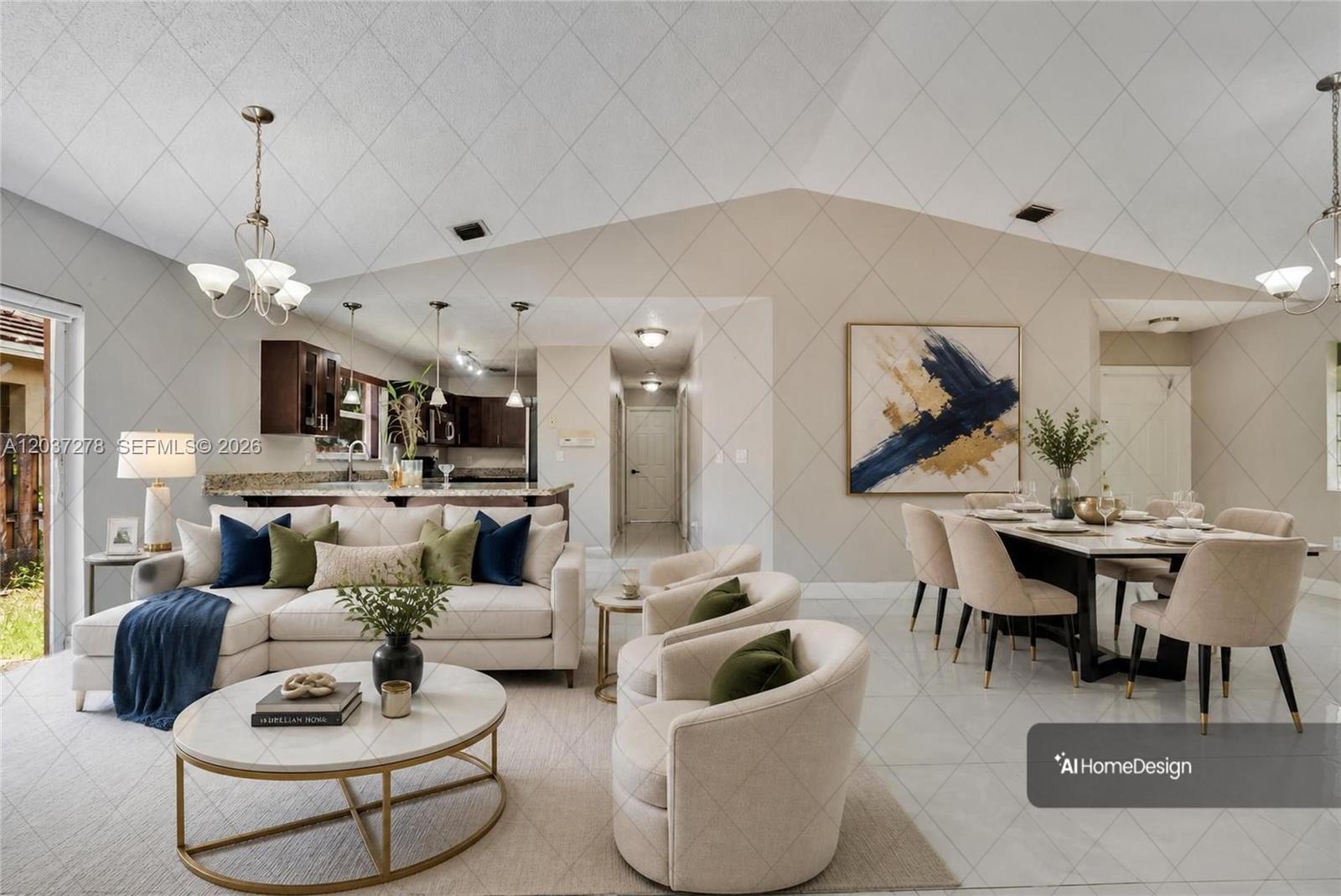 This open-concept living and dining area features vaulted ceilings, tile flooring, and neutral furnishings — 14530 SW 156th Ave, Miami FL 33196, MIAMI, FL