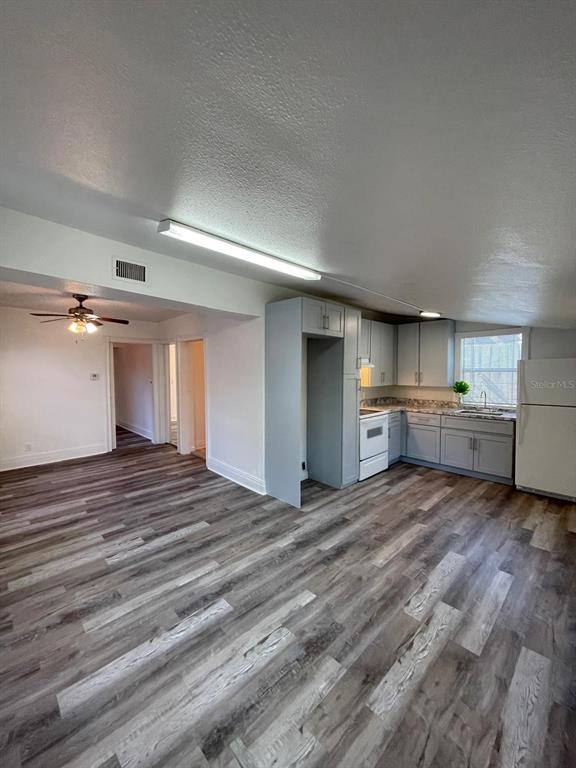 A kitchen with grey cabinets and wood-look flooring opens into a living area — 2387 SHERIDAN ROAD, MOUNT DORA, FL
