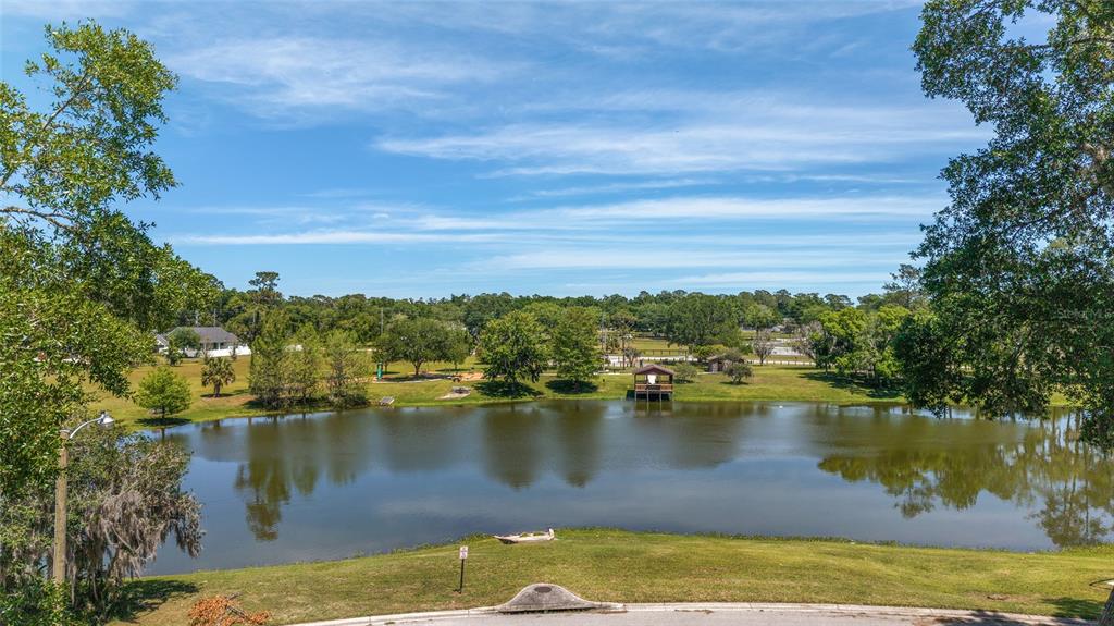 A view of a pond with a small wooden dock and surrounding trees under blue skies — 1628 SE 29TH TERRACE, OCALA, FL