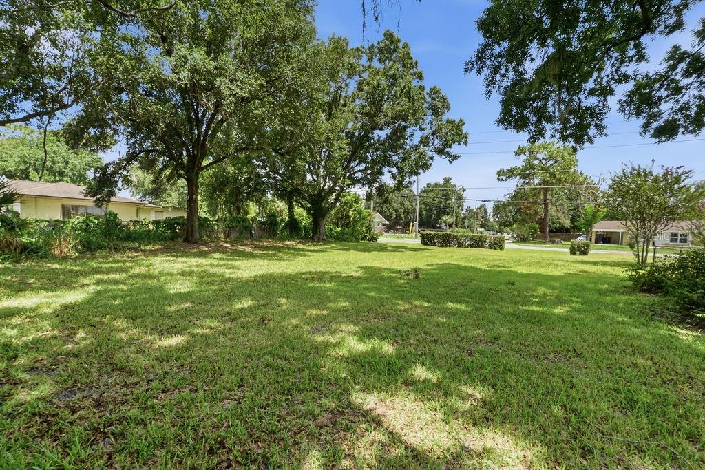 A large, grassy vacant lot is surrounded by mature trees and neighboring houses — MILLINOCKETT LANE, ORLANDO, FL