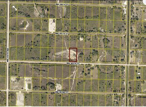 An aerial map view shows a rectangular plot of land highlighted in red — 17167 NW 304TH STREET, OKEECHOBEE, FL