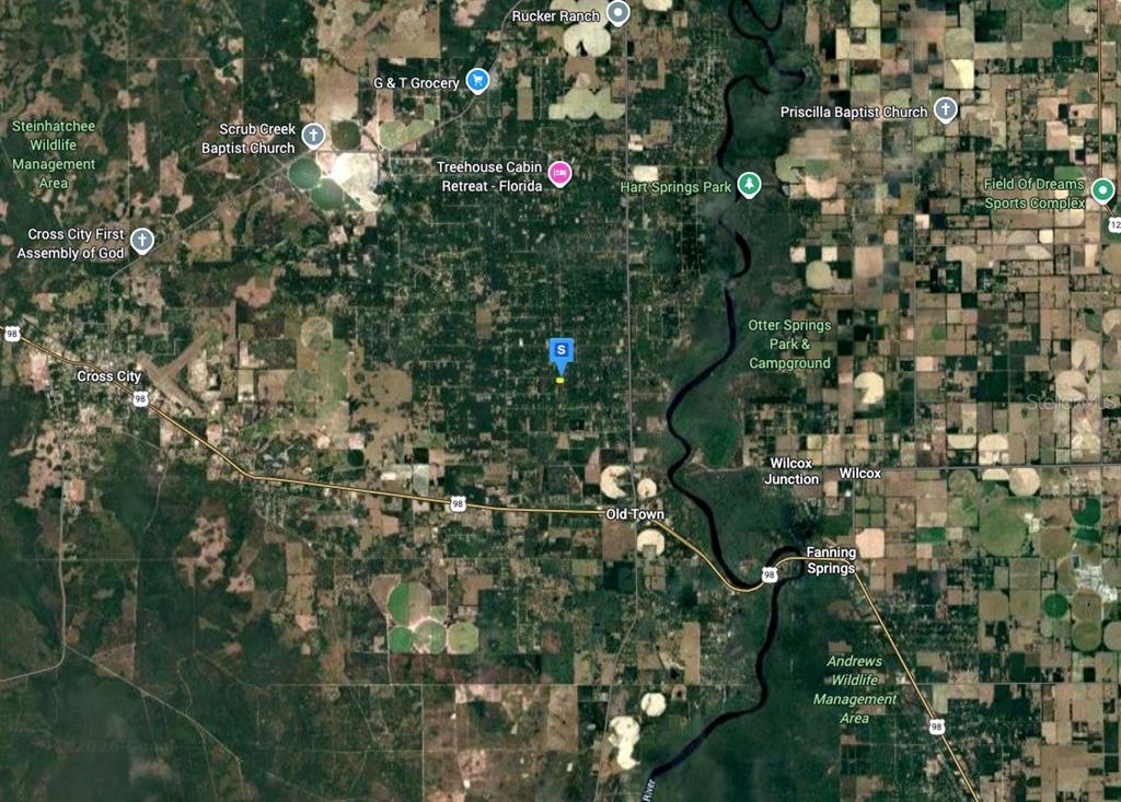 This is a satellite map showing the area surrounding a property in rural Florida — 1200 NE 644TH STREET, OLD TOWN, FL