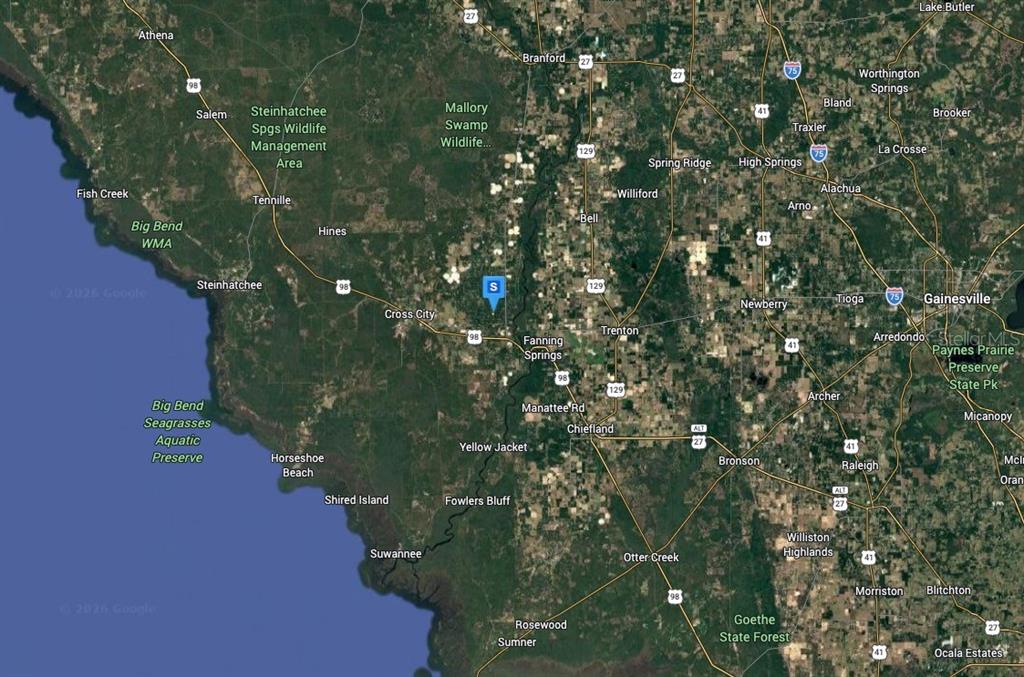 This is a satellite map showing the region surrounding Cross City and Gainesville, Florida — 1200 NE 644TH STREET, OLD TOWN, FL