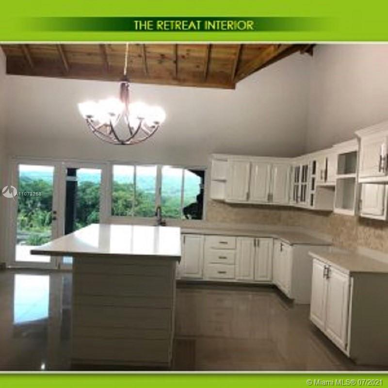 A kitchen features white cabinets, a large central island, and a vaulted wood-paneled ceiling — 1 Sanctuary At Farm Hill Jamaic, JM JMCAN19, JM