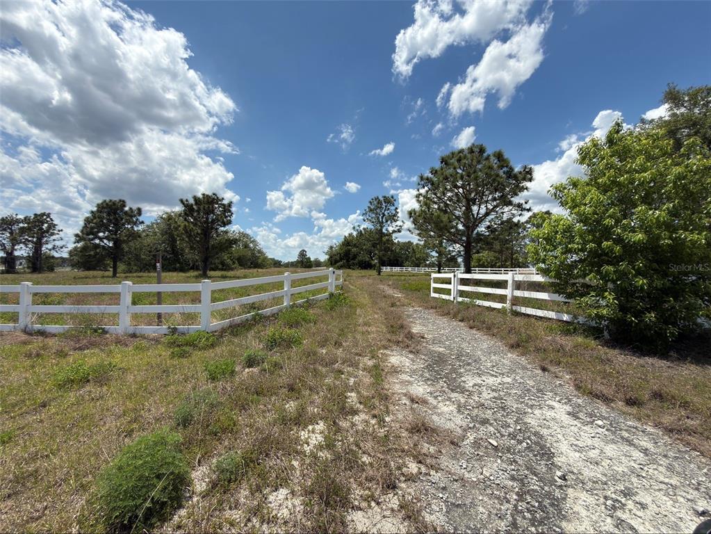 A gravel driveway leads through a white fence into a grassy, tree-lined field — 6115 RANCH LAKE ROAD, GROVELAND, FL