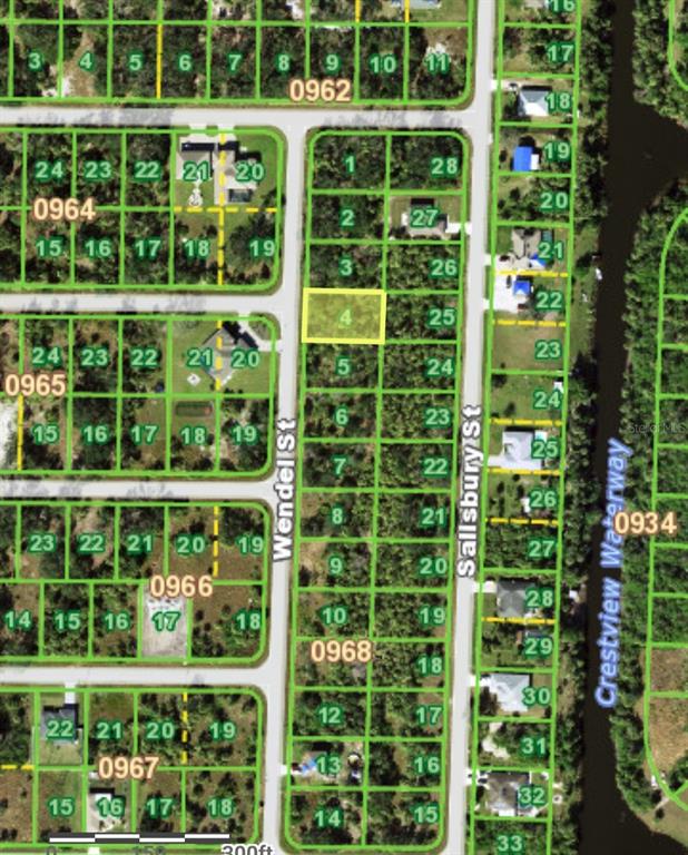 This is a map showing a highlighted vacant lot in a residential neighborhood — 184 WENDEL STREET, PORT CHARLOTTE, FL