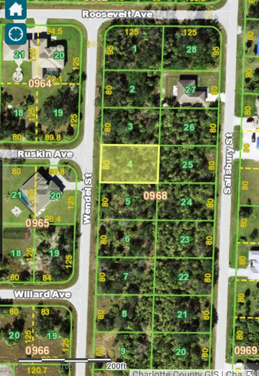 This is a map showing a vacant residential lot highlighted in yellow among other properties — 184 WENDEL STREET, PORT CHARLOTTE, FL