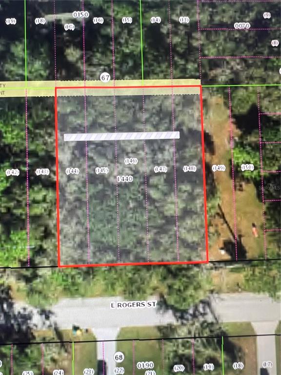 This is an aerial map showing a rectangular plot of land outlined in red — 3419 E ROGERS STREET, INVERNESS, FL
