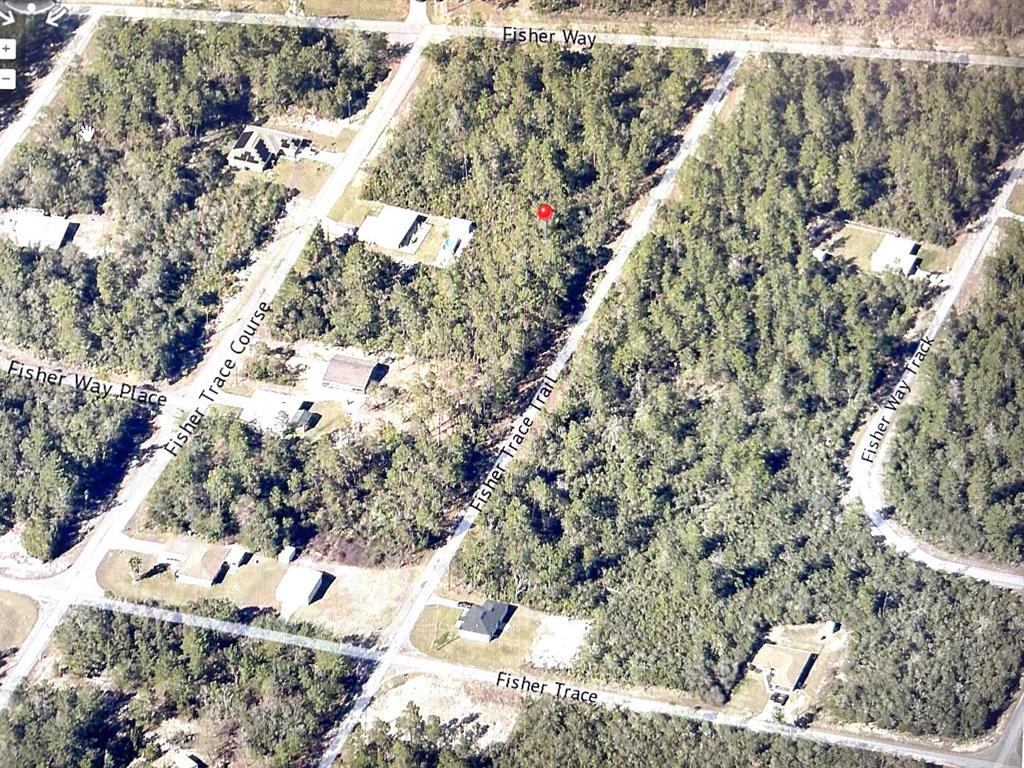 An aerial view of a wooded residential area with a red dot marking a lot — 0 FISHER TRACE TRAIL E, OCKLAWAHA, FL