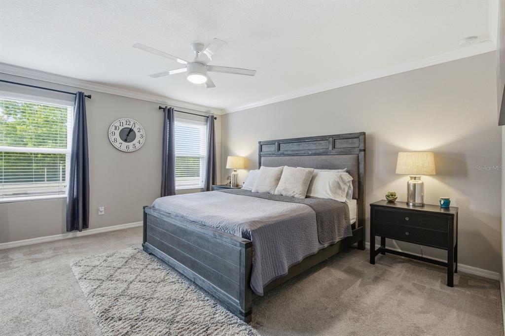 A bedroom features a gray bed frame, a textured rug, and a wall-mounted analog clock — 18793 DEER TRACKS LOOP, LUTZ, FL