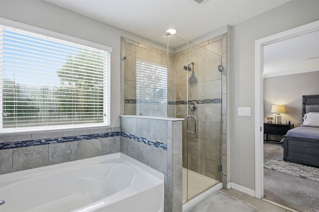 A bathroom features a white soaking tub, a glass-enclosed shower, and gray tile walls — 18793 DEER TRACKS LOOP, LUTZ, FL