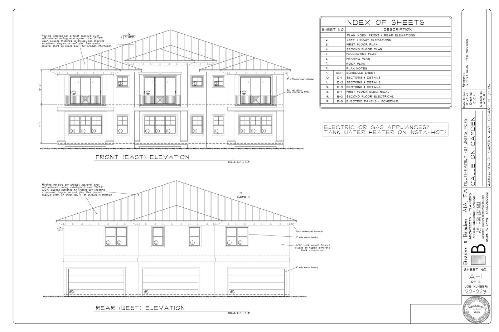 This architectural rendering shows the front and rear exterior elevations of a multi-family residential building — 506 SW Camden Avenue, Stuart FL 34994, STUART, FL
