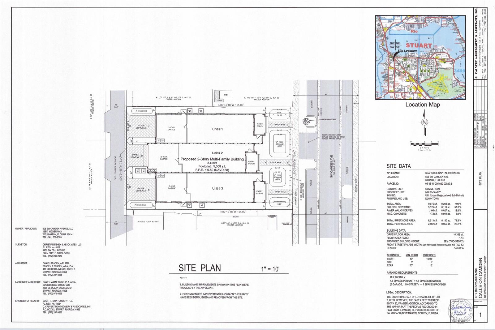 This is a site plan for a proposed three-unit multi-family building in Stuart, Florida — 506 SW Camden Avenue, Stuart FL 34994, STUART, FL