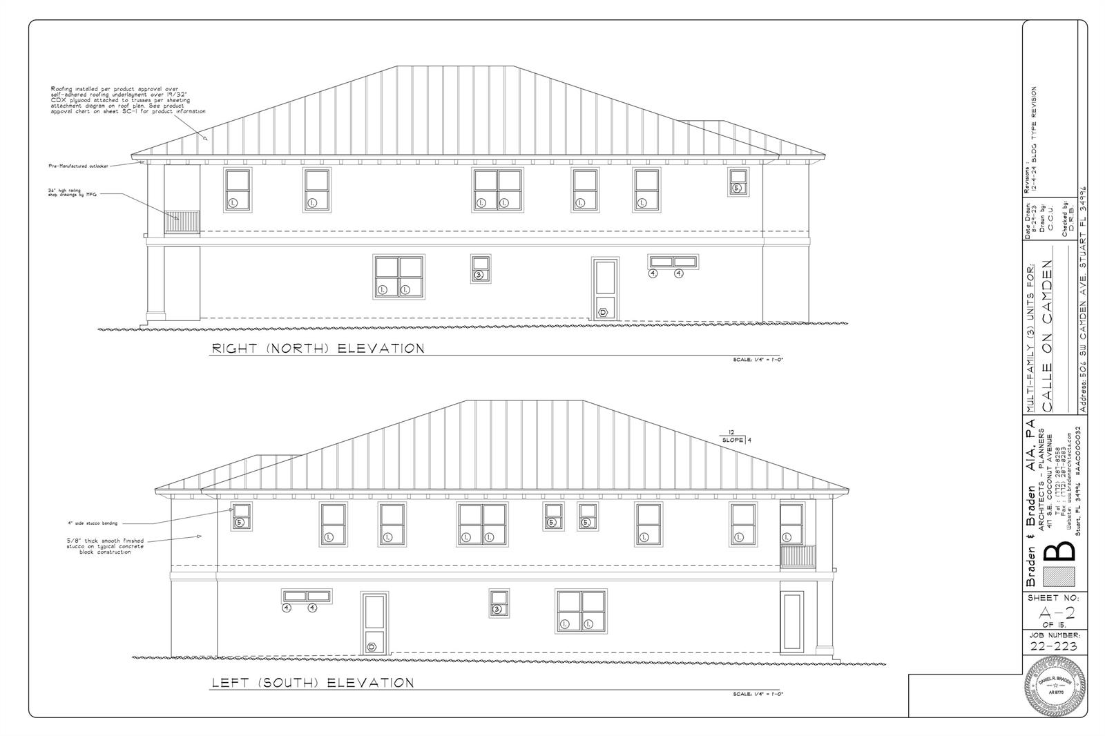 This architectural rendering shows the north and south exterior elevations of a multi-family building — 506 SW Camden Avenue, Stuart FL 34994, STUART, FL