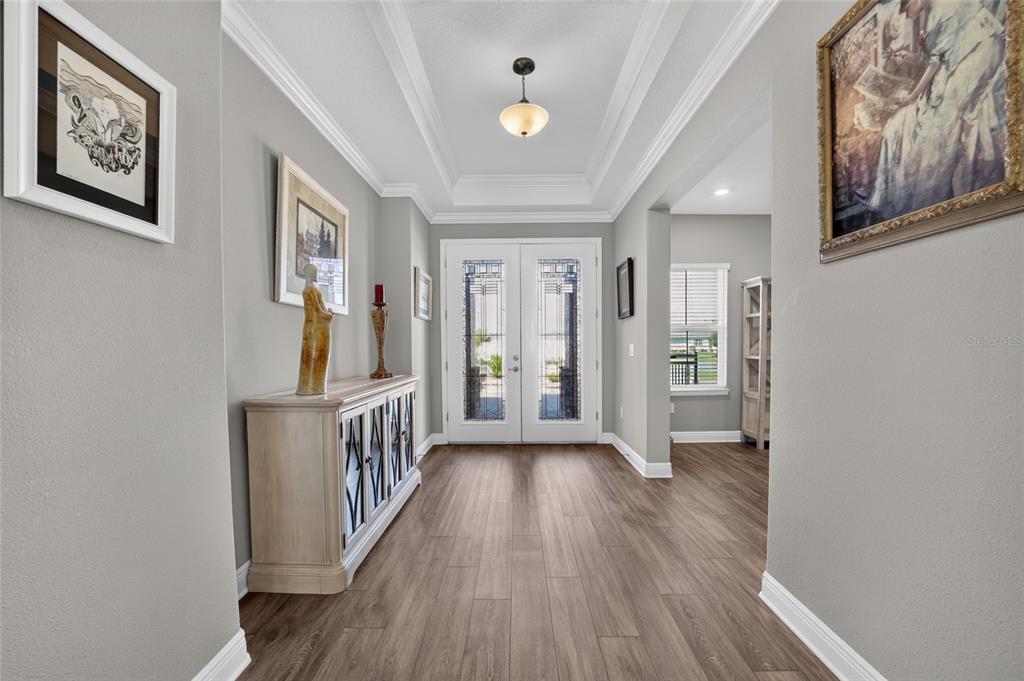 A bright foyer features gray walls, wood-look flooring, a tray ceiling, and double glass-paneled doors — 8370 SW 99TH TERRACE, OCALA, FL