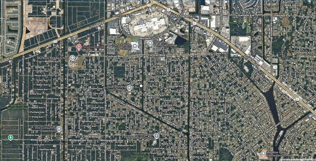 This is an aerial map view of a residential area in Port Charlotte, Florida — 2216 BARKSDALE STREET, PORT CHARLOTTE, FL