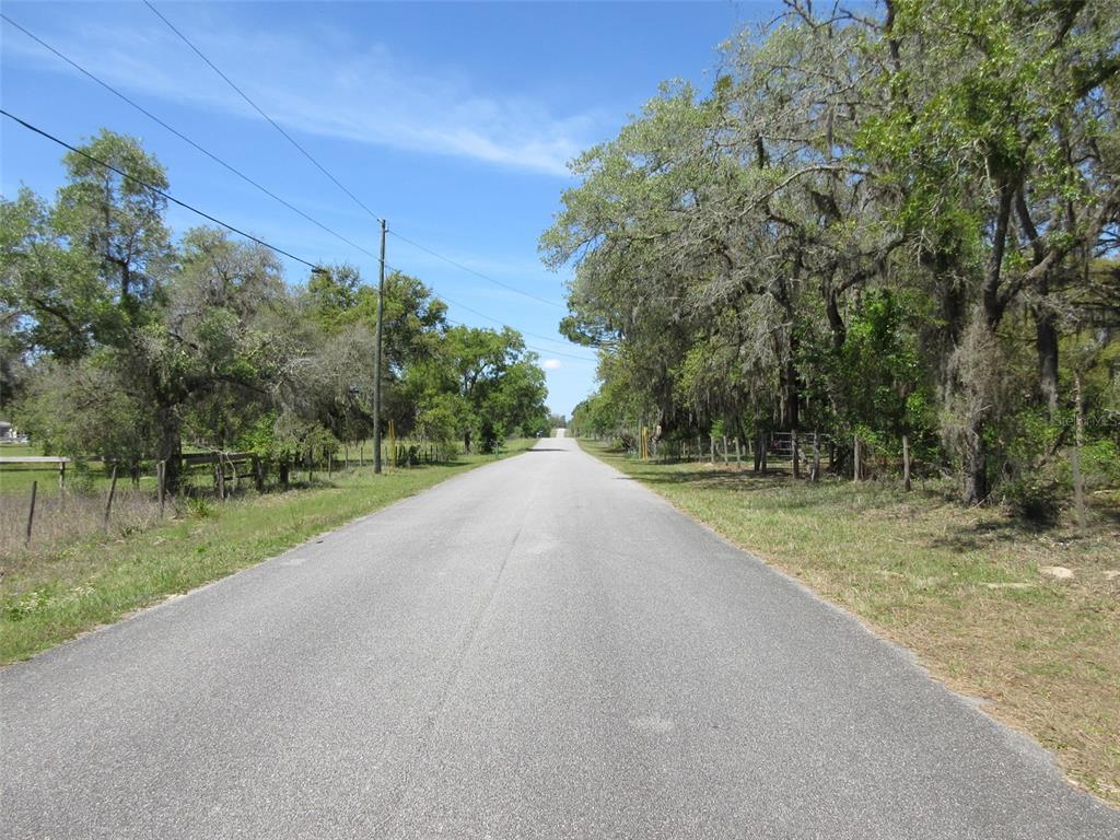 A paved road stretches into the distance, flanked by trees, grassy fields, and wire fencing — 5439 W OAKHILL STREET, DUNNELLON, FL