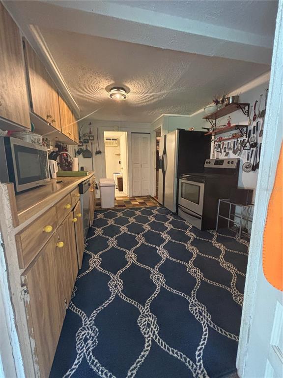 A galley kitchen features wood cabinets, a dark patterned rug, and stainless steel appliances — 1811 BEACHWAY LANE, ODESSA, FL