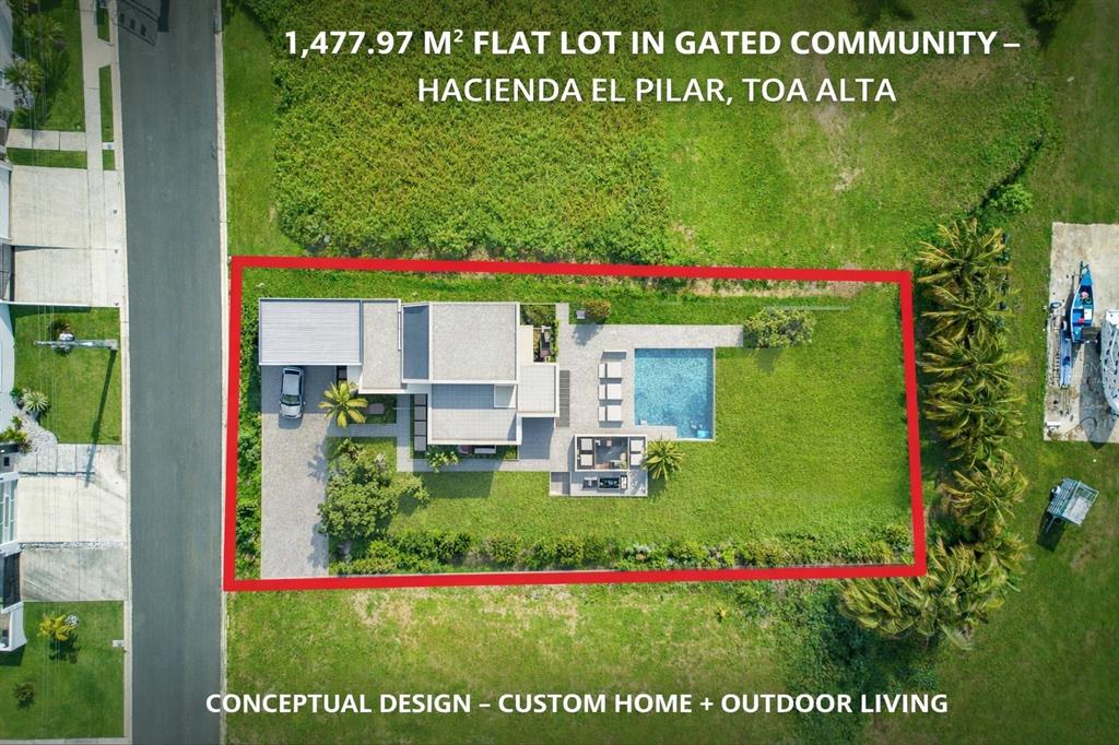 An aerial rendering shows a modern house with a pool on a large rectangular lot — E-2 S CALLE REINA MORA, TOA ALTA, PR