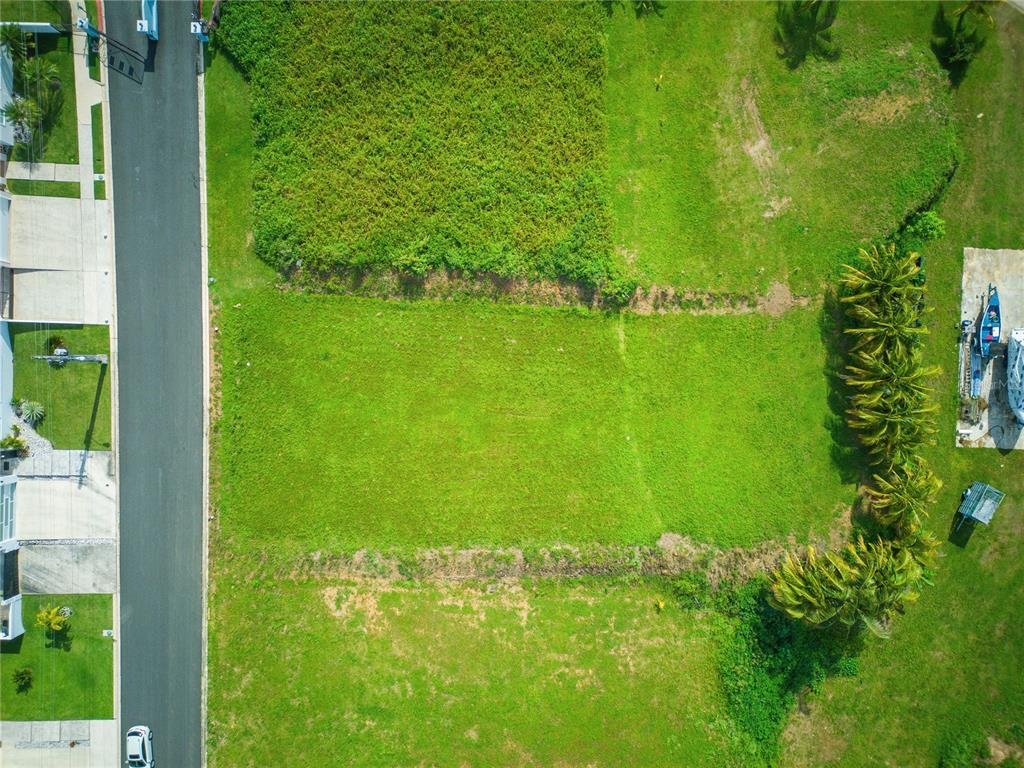 An aerial view shows a rectangular vacant grass lot situated next to a paved road — E-2 S CALLE REINA MORA, TOA ALTA, PR