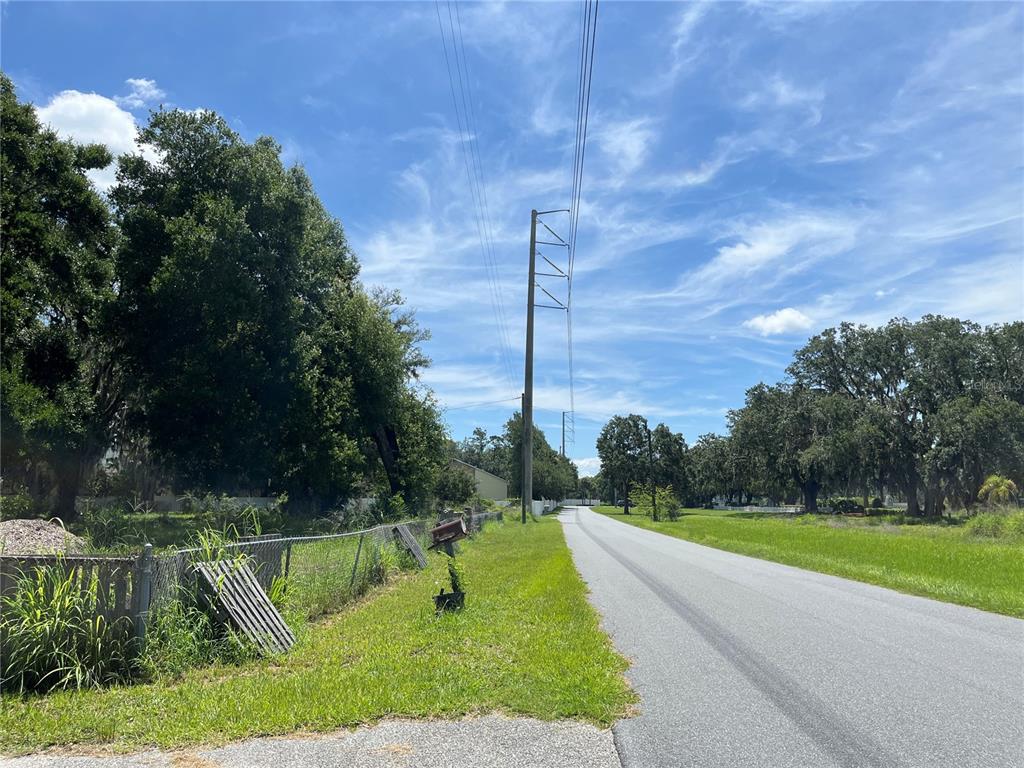 A paved road runs alongside a grassy lot with a chain-link fence and utility pole — 411 ALIBRANDI ROAD, LEESBURG, FL