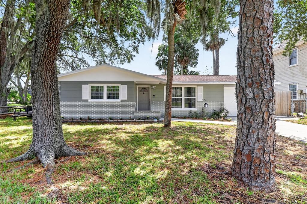 A single-story house with gray siding and brick features sits behind two large pine trees — 7212 WEDGEWOOD DRIVE, NEW PORT RICHEY, FL