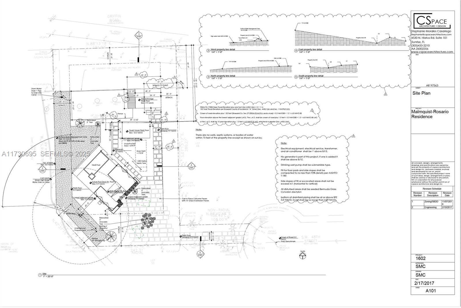 This is a site plan for the Malmquist-Rosario residence showing property boundaries, structures, and elevations — 20321 SW 48th St, Southwest Ranches FL 33332, SOUTHWEST RANCHES, FL