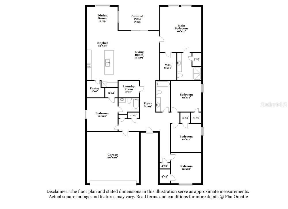 This is a floor plan for a single-story house with a garage and four bedrooms — 996 OCEAN SPRAY DRIVE, RUSKIN, FL