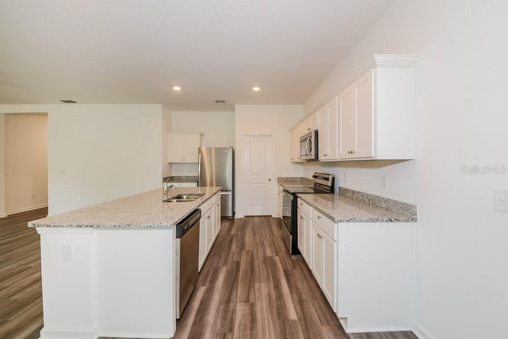 A kitchen with white cabinets, granite countertops, stainless steel appliances, and wood-look flooring — 996 OCEAN SPRAY DRIVE, RUSKIN, FL