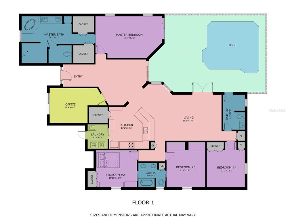 This is a floor plan of a single-story house featuring four bedrooms, a pool, and an office — 26013 81ST DRIVE E, MYAKKA CITY, FL