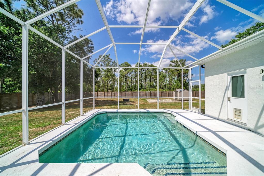 A screened-in swimming pool sits on a patio next to a white house exterior — 26013 81ST DRIVE E, MYAKKA CITY, FL