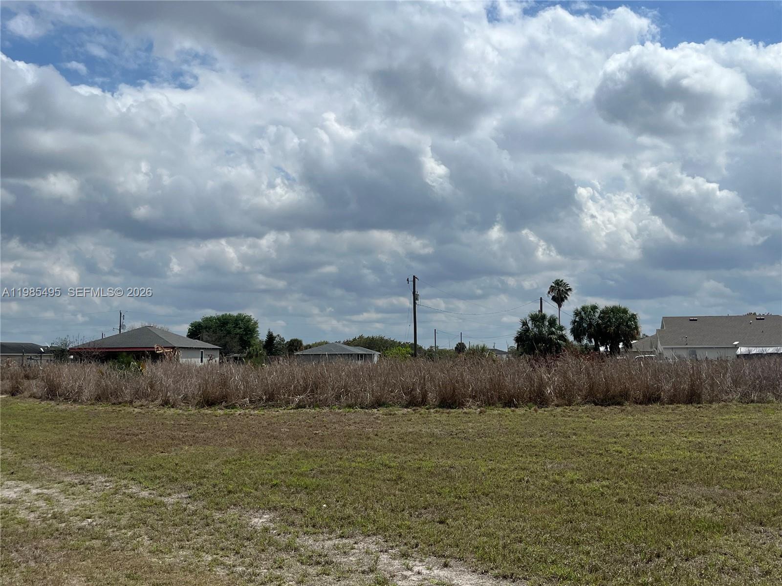 A vacant, grassy lot features tall, dry vegetation under a cloudy sky with nearby houses — 7025 Beaver Cir, La Belle FL 33935, LA BELLE, FL